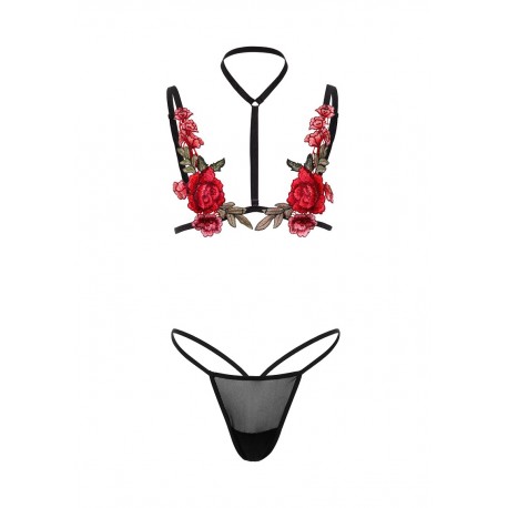 Soutien-gorge harnais roses rouges - Lingerie BDSM Malins-Plaisirs