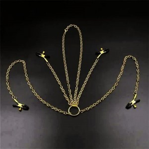 Collier pinces tétons & clitoris gold - Accessoires SM Malins-Plaisirs